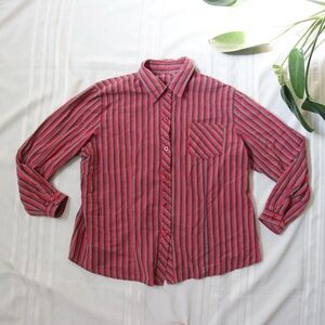 Red and tan striped long sleeve button down shirt
